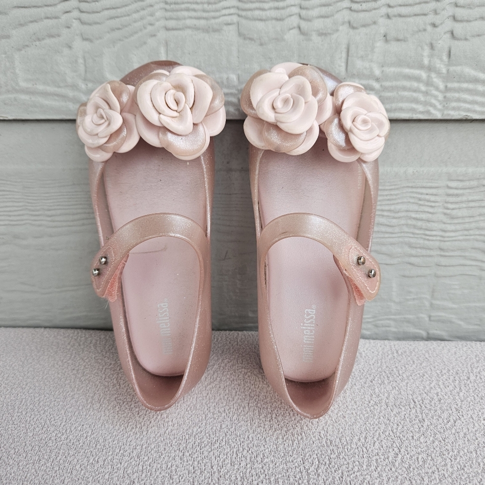 Mini Melissa Pink Sparkle Floral Rose Jelly Mary Jane Shoe Girl SZ 11 Spring